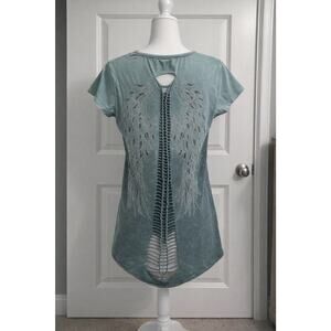E.GO USA Women’s Large Green Angel Wings Rhinestone Distressed Tee Top